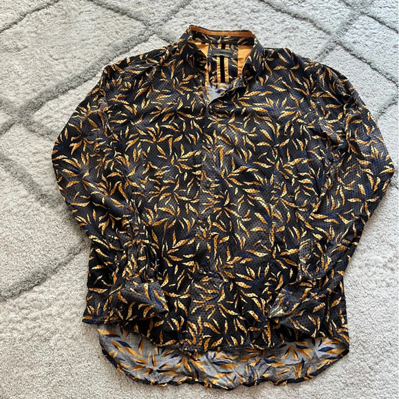 Buckle Eight X Flocked Polka Dot Shirt black tan navy button front medium - Picture 2 of 9